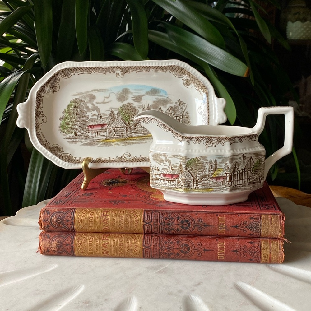 Kensington Shakespeare's Sonnets Transferware Gravy Boat + Relish Tray 2pc Set